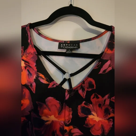 Sleeveless Asymmetrical Dress, Black with Vibrant Floral Design - Picture 5 of 9